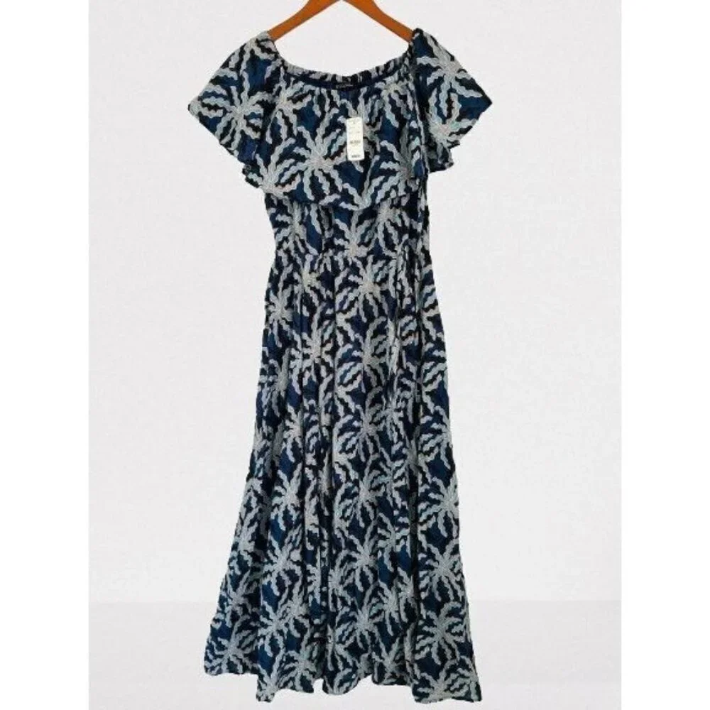 Brooks Brothers Dress Of The Shoulder Maxi Cotton Silk All Over Palm Tree Print